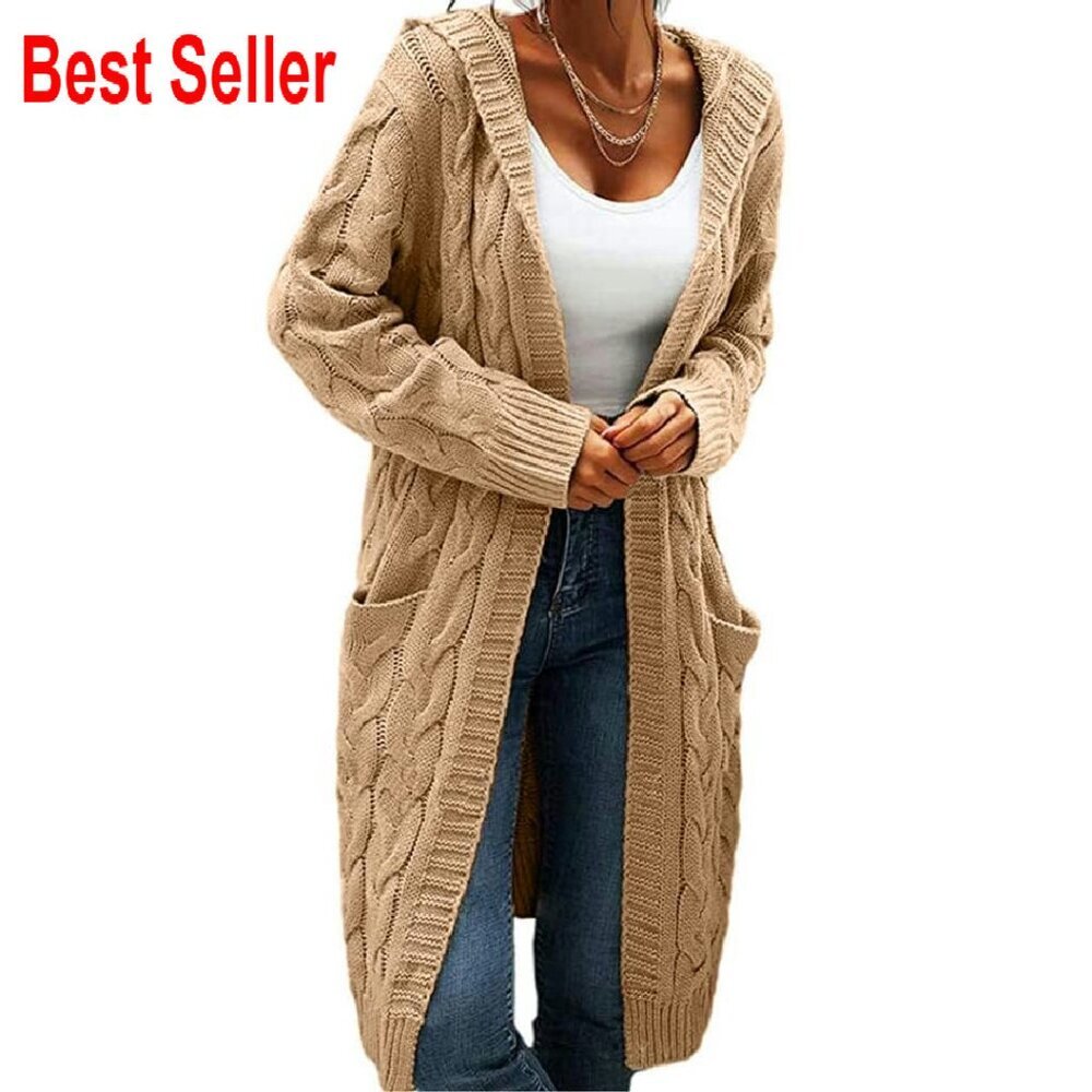 Cable Knit Long Sleeve Sweater Cardigan Open Front Hooded Cozy Chic